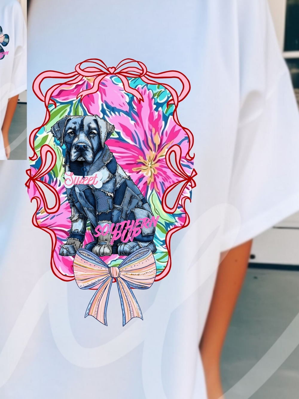 Gildan White Tee with Denim Patch Paw & Pastel Bow - Picture 15 of 16